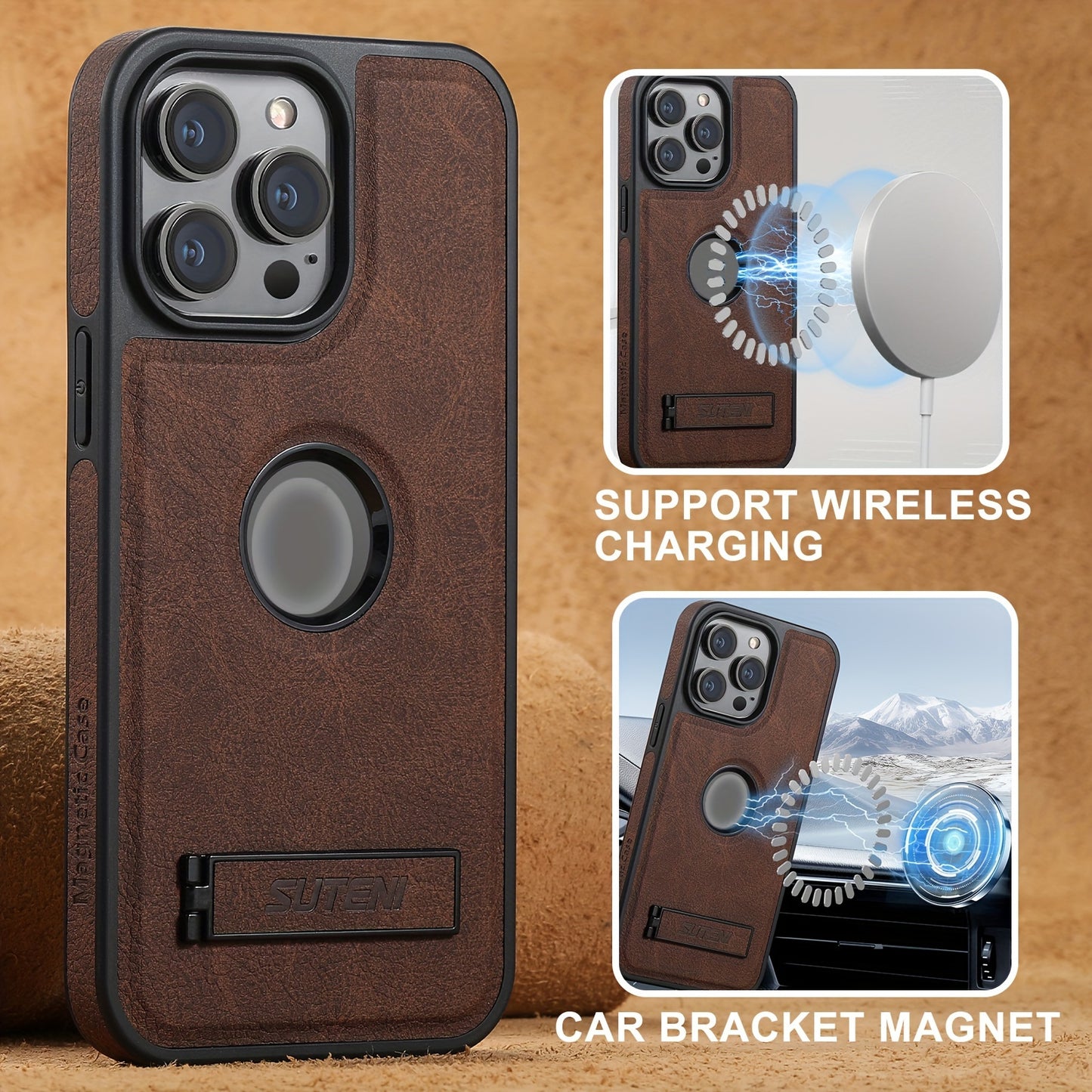 SUTENI PU Leather Magnetic Phone Case Wireless Charging Stand Phone Cases For IPhone15 14 12 Pro Max Plus