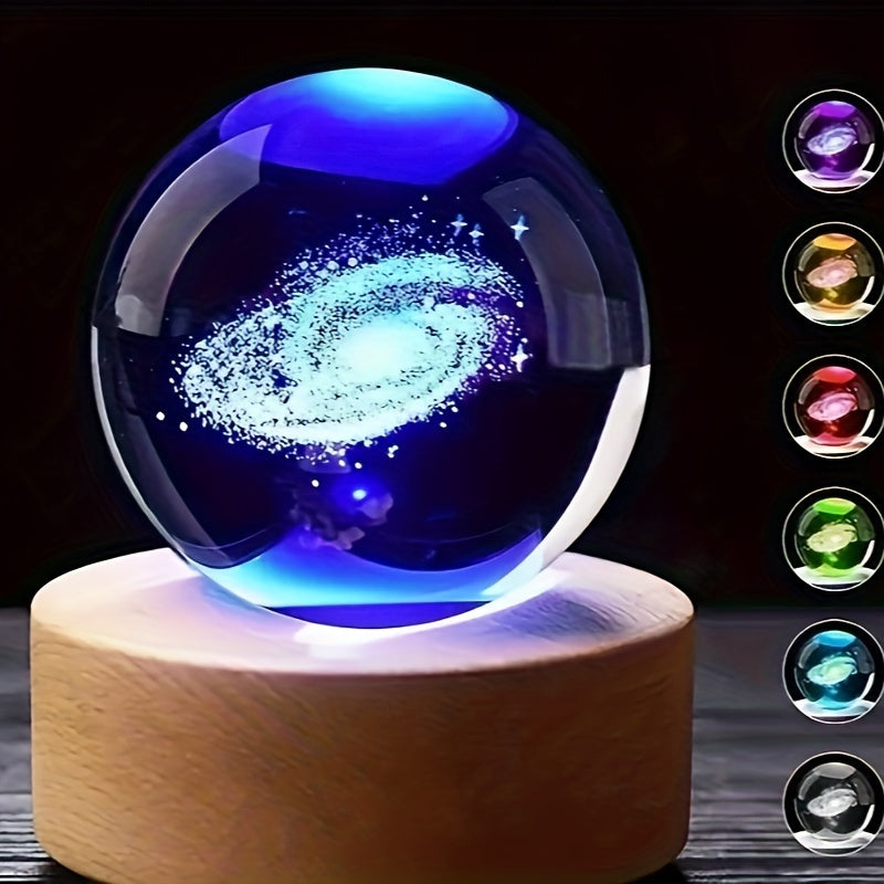 3D Luminous Crystal Ball with LED Base – Amethyst Universe & Galaxy Designs, Ideal for Gifts and Decorations