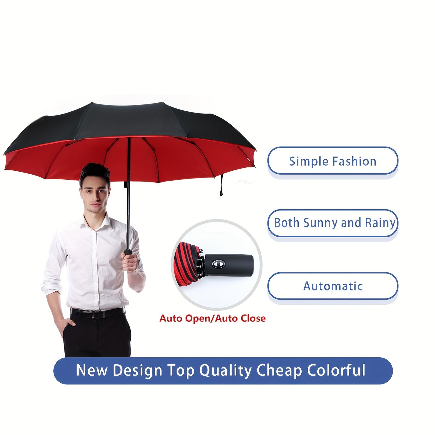 Three-Fold Automatic Folding Umbrella, Windproof, Reinforced Thickened Design