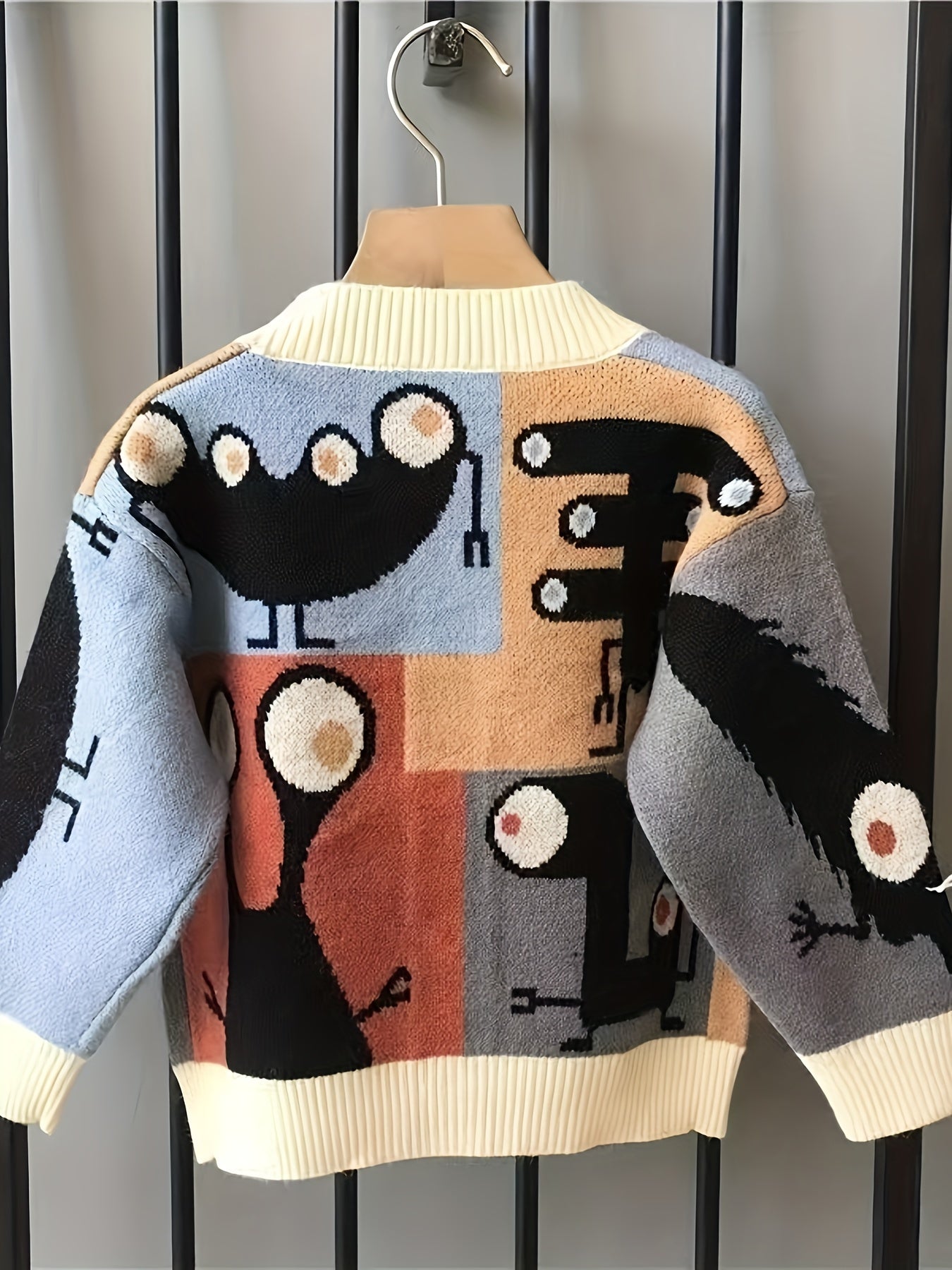 Boys' Cozy Knit Cardigan Sweater, Cartoon Design, V-Neck, Stretchy, Machine Washable