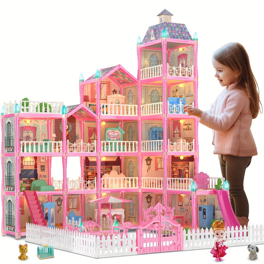 374 Pcs 15 Rooms Doll House For Girls, Princess Playhouse With Lights, Dolls Furniture Accessories,