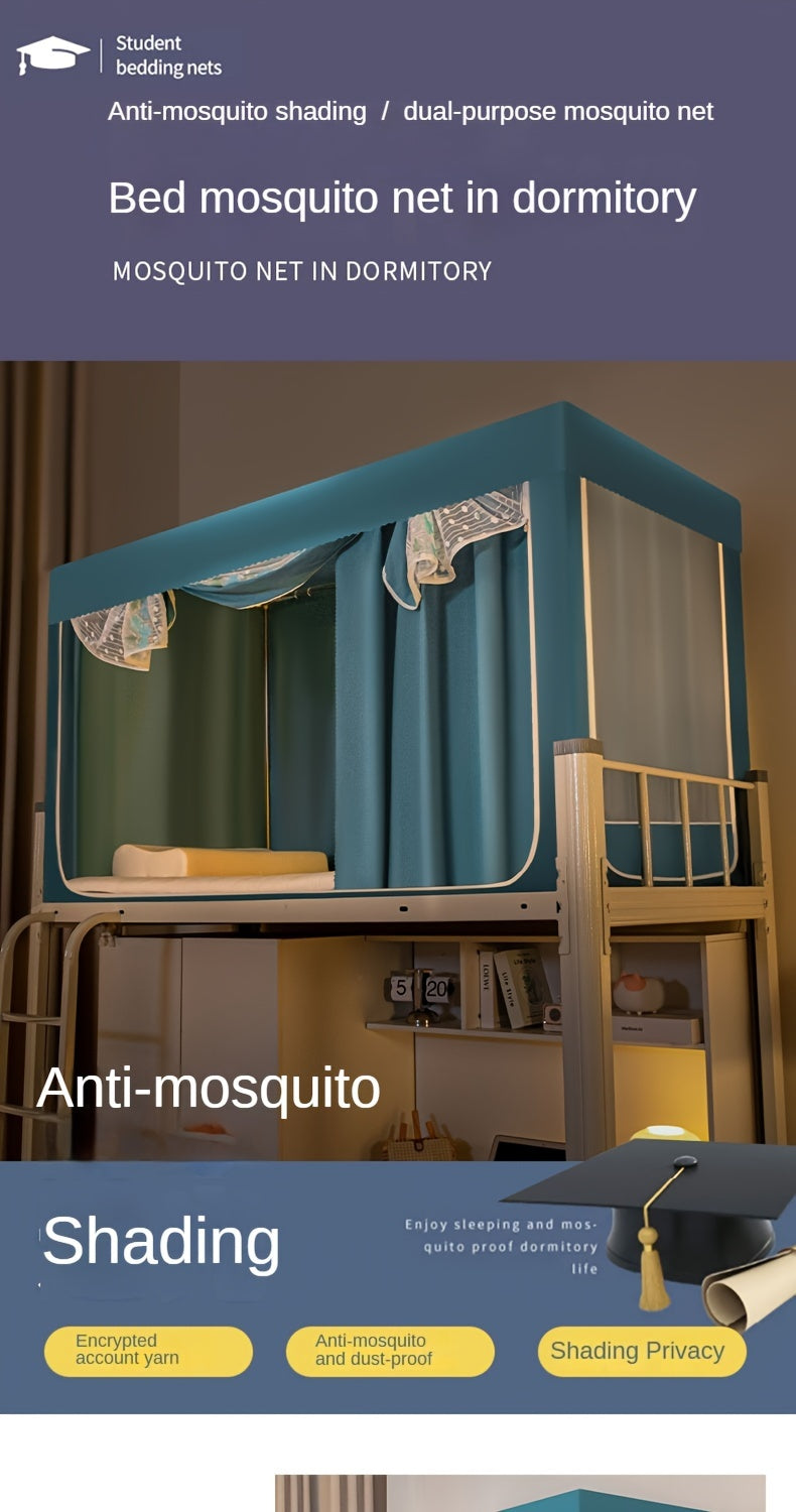 Dorm Room Bed Canopy with Mosquito Net - Includes Sunshade Curtain & Support, Easy Care, Lightweight Polyester