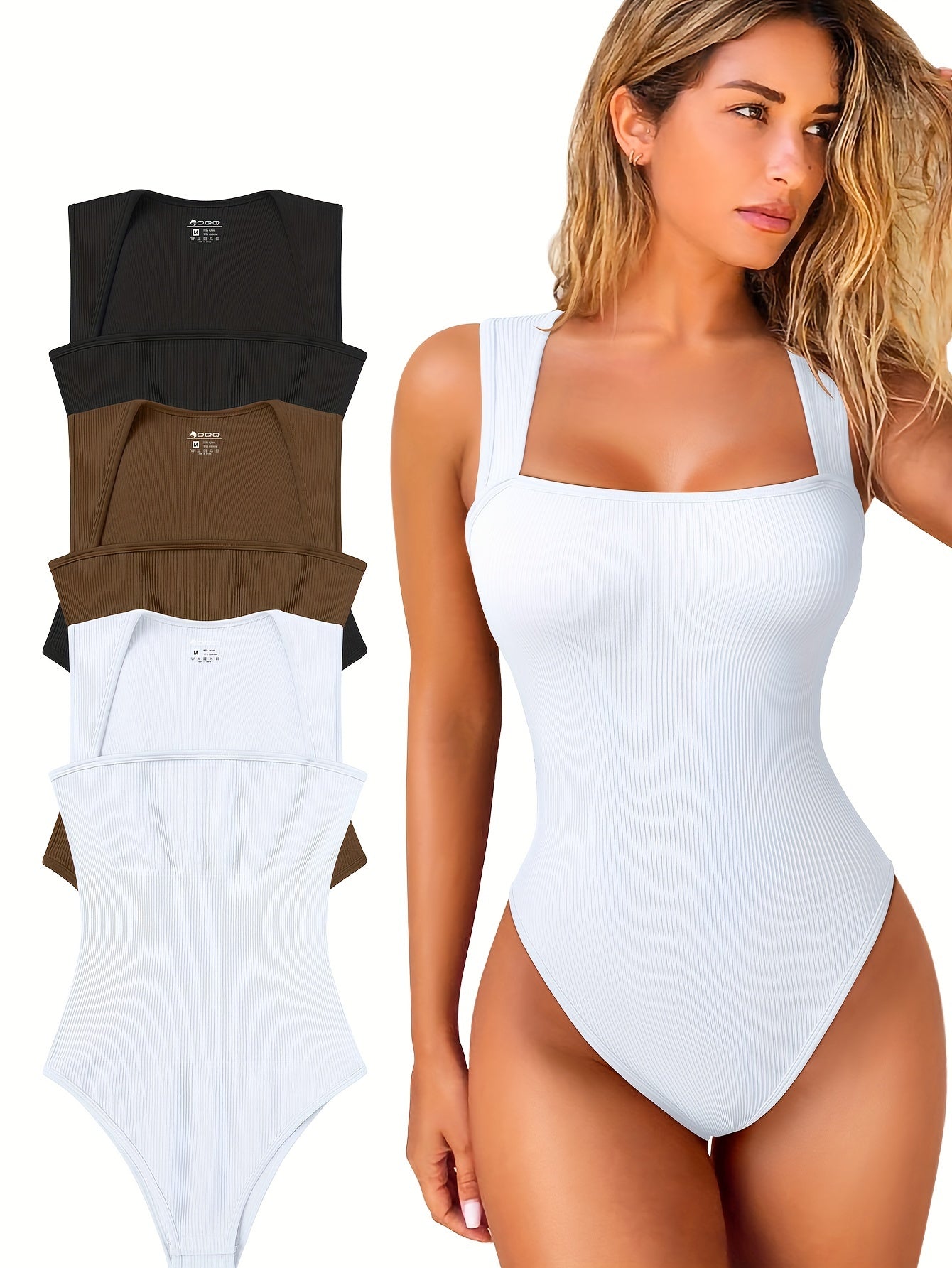 OQQ 3 Piece Bodysuits For Women Sexy Ribbed Strappy Square Neck Stretch Tank Tops Bodysuits