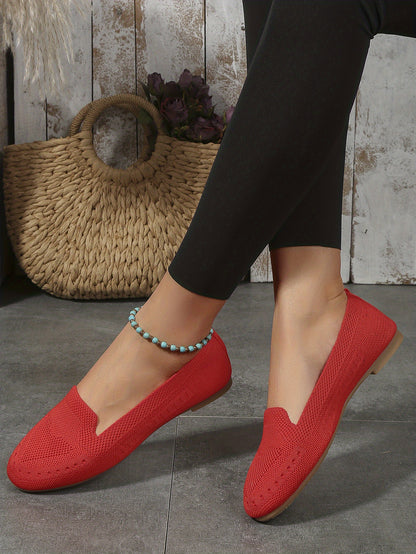 Women's Black Slip-On Flats - Breathable Knitted Round Toe Non-Slip Casual Lightweight Walking Shoes - Hiccupzz