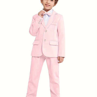 3-Pcs Boys Formal Plaid Gentleman Outfit Set, Long Sleeve Blazer, Bowtie, Pants - Hiccupzz