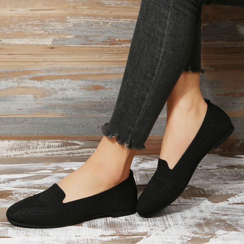 Women's Black Slip-On Flats - Breathable Knitted Round Toe Non-Slip Casual Lightweight Walking Shoes