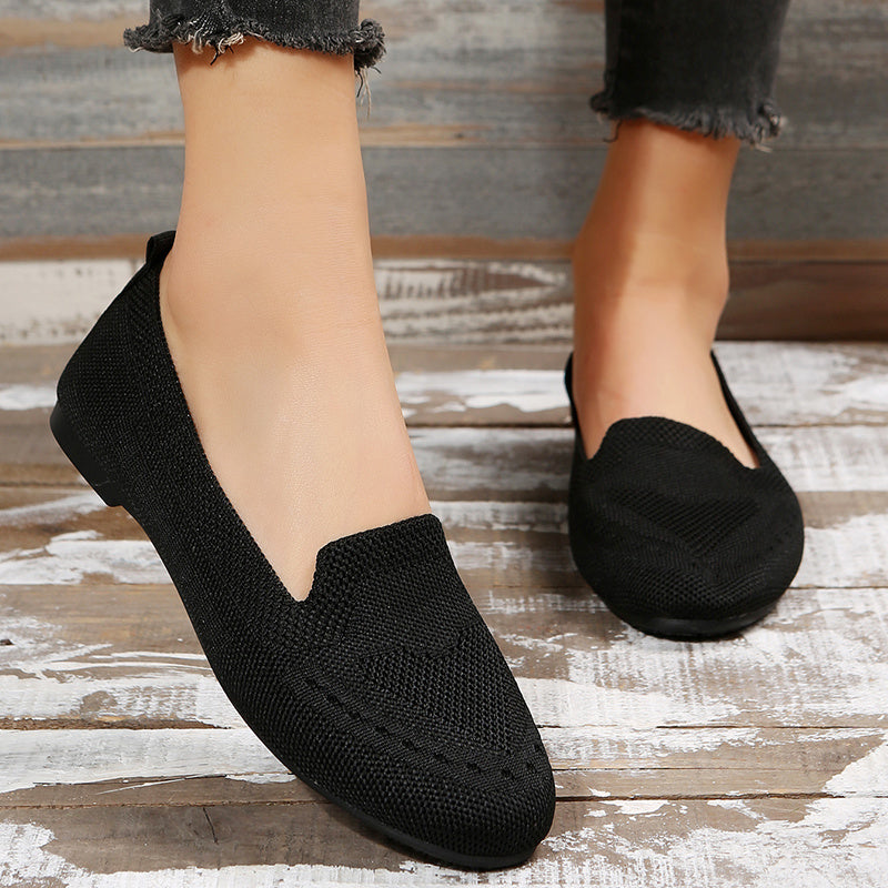 Women's Black Slip-On Flats - Breathable Knitted Round Toe Non-Slip Casual Lightweight Walking Shoes