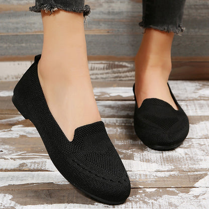 Women's Black Slip-On Flats - Breathable Knitted Round Toe Non-Slip Casual Lightweight Walking Shoes - Hiccupzz