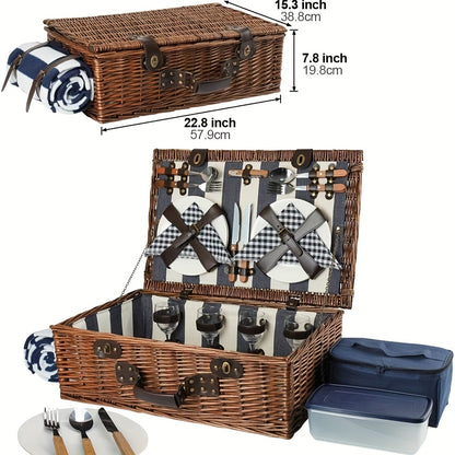 Extra Large Willow Picnic Basket with Service Set for 4 Persons, Natural Wicker Picnic Hamper with Free Food Cooler, Fleece Blanket and Tableware - Hiccupzz
