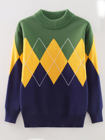 Kid's Color Clash Argyle Jacquard Sweater, Preppy Style Cable Knit Long Sleeve Top, Fall/Winter - Hiccupzz