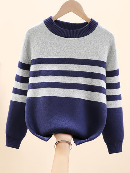 Boys Striped Thick Sweater Round Neck Long Sleeve Stretch Warm Knit Pullover Top Kids Clothes Outdoor - Hiccupzz