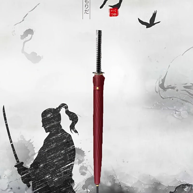 Unique Sword-Shaped Red Umbrella - 16 Windproof Ribs, Waterproof, Ergonomic Handle,