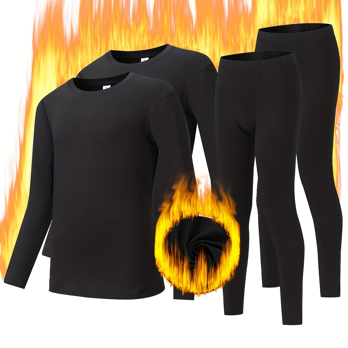 4 Pcs Polyester Crew Neck Thermal Underwear 2 Set - Medium Stretch, Solid Color, Base Layer for Teens - All-Season Wear for Casual, Hiking, Skiing