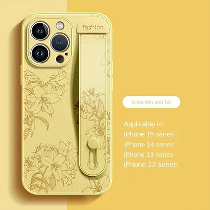 Floral Print Phone Case with Wrist Strap for iPhone 15/14/13/12 Pro Max Series - Elegant Lily Pattern, High-End Anti-Scratch and Drop-Proof Cover with Bracket Feature - Hiccupzz