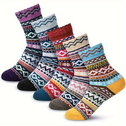 5 Pairs Women's Winter Knitted Socks - Thick, Warm, Soft, for Hiking, Skiing, Outdoor & Casual Wear - Hiccupzz