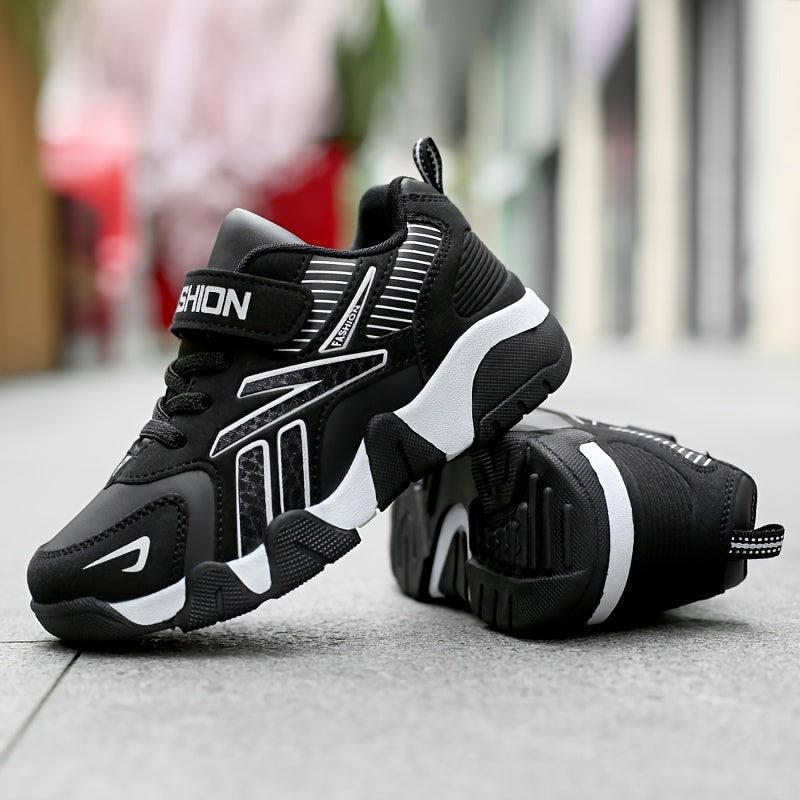 Preppy Boys' Fashion Sneakers - Casual Sports Style with Stripes, Hook & Loop Closure, All-Season Low-Top PU Upper, TPR Sole, Comfy Non-Slip Running Shoes for Toddlers & Kids 14 and Under. - Hiccupzz