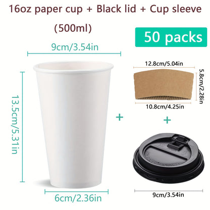 50-Pack Disposable Coffee Cups with Lids & Sleeves - 12/16 oz Eco-Friendly White Paper Cups, Black Lids for Hot Drinks, Tea, or Chocolate - Hiccupzz
