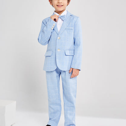 3-Pcs Boys Formal Plaid Gentleman Outfit Set, Long Sleeve Blazer, Bowtie, Pants - Hiccupzz