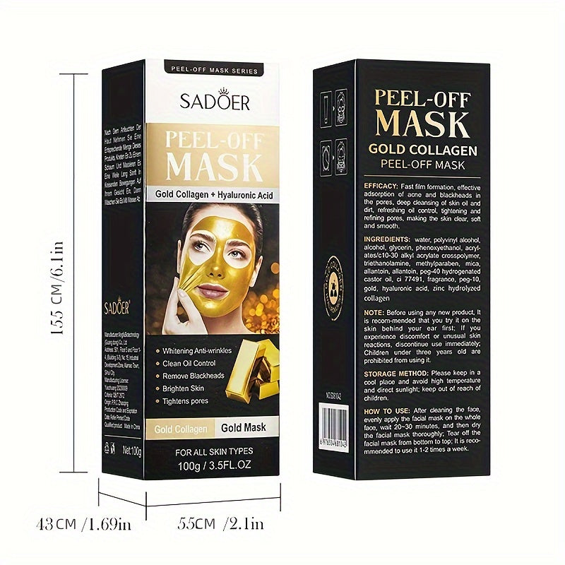 Gold Peel-Off Mask with Collagen & Hyaluronic Acid - Moisturizes, Tightens, Deep Cleans Pores