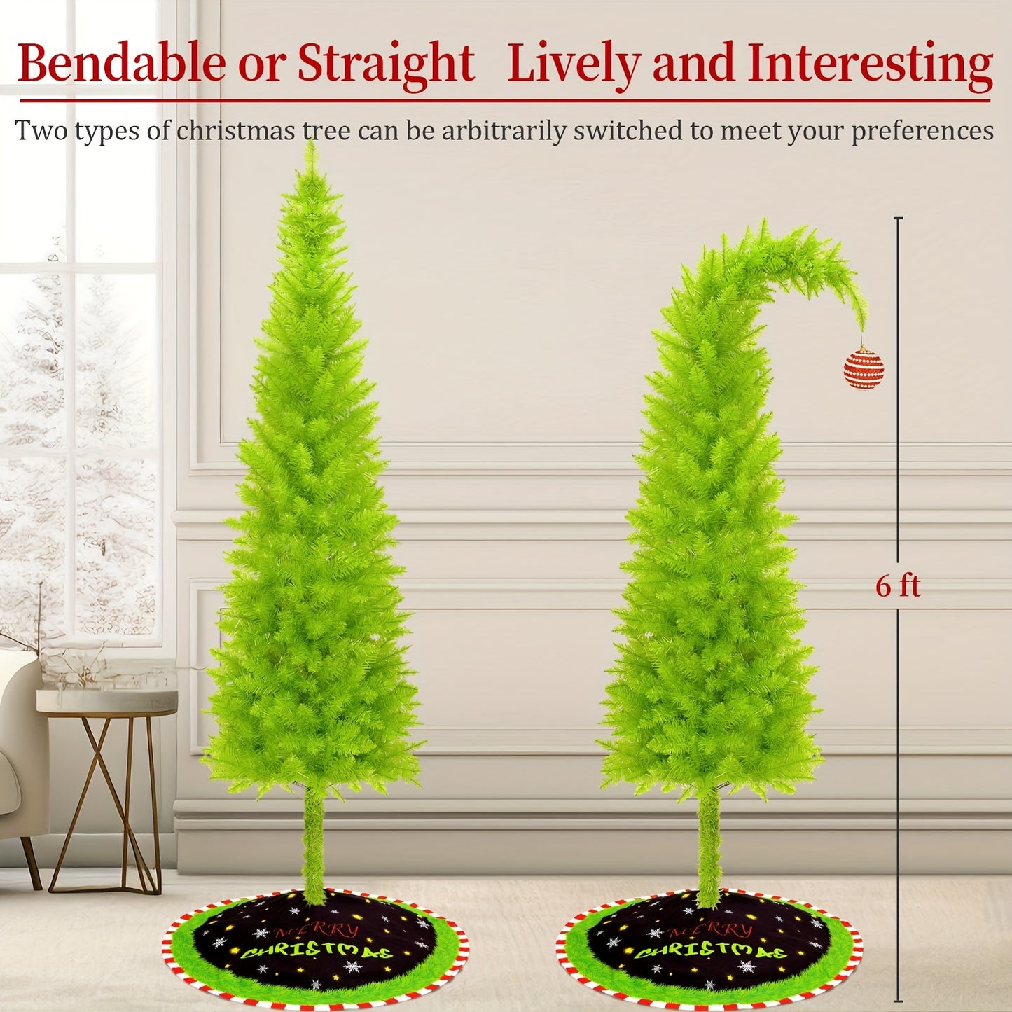 1 Pc 6FT Christmas Tree with Skirt, Lights, and Ornaments - Bendable Artificial Tree for Home, Office, Party, and Outdoor Décor