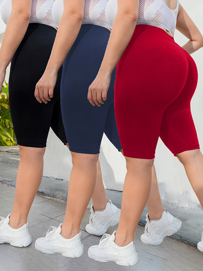 3-Pack Plus Size Yoga Shorts For Women, High Waist Peach Lift, Stretchy, Butt-lifting, High Elasticity, Fitness Activewear, Quick-Dry, Seamless Sport Shorts Set - Hiccupzz