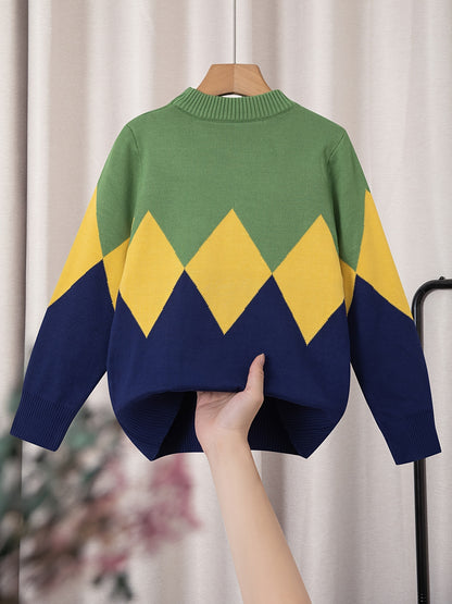 Kid's Color Clash Argyle Jacquard Sweater, Preppy Style Cable Knit Long Sleeve Top, Fall/Winter - Hiccupzz
