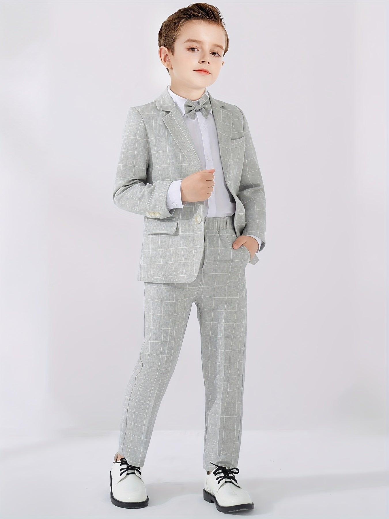 3-Piece Boys Formal Plaid Gentleman Outfits, Long Sleeve Blazer, Bowtie, Pants Set