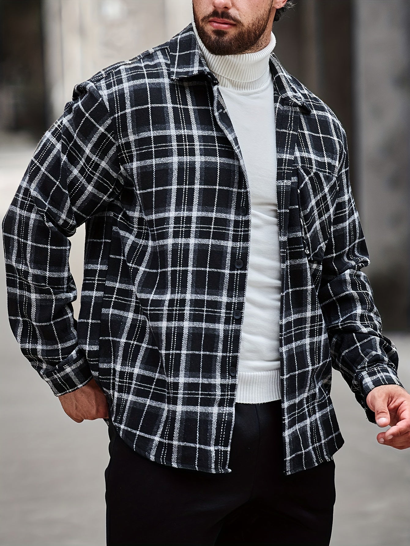 Men's Flannel Plaid Lapel Button Short Pocketed Shirts Coats