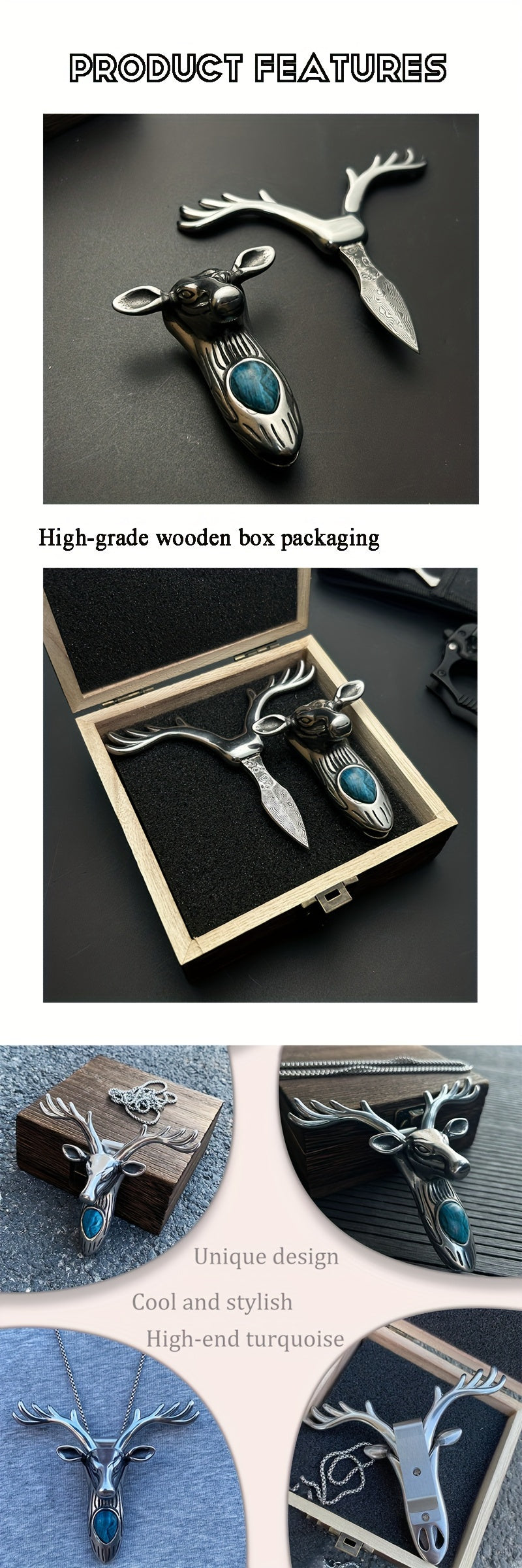 316 Stainless Steel Tea Knife Coffee Synthetic Crystal Longhorn Christmas Pendant Necklace Clasp, Paper Cutter, Box Opener Pocket Knife