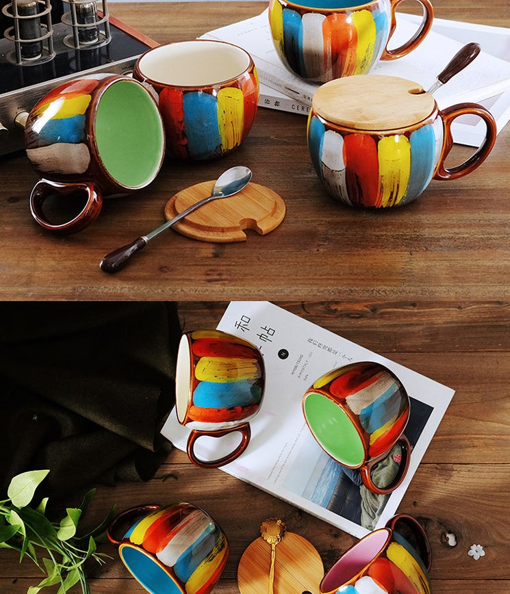 Creative ceramic cup with lid spoon for breakfast