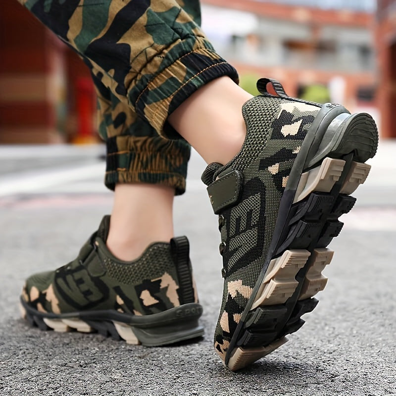 Boy's Trendy Camouflage Mesh Breathable Sneakers, Comfy Non-Slip Soft Sole Running Shoes