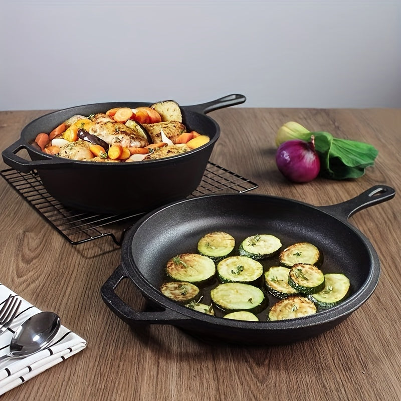 1pc Preseasoned Cast Iron Combo Cooker with Non-Stick Frying Pans and Heat-Resistant Handles - Perfect for Stews and More!