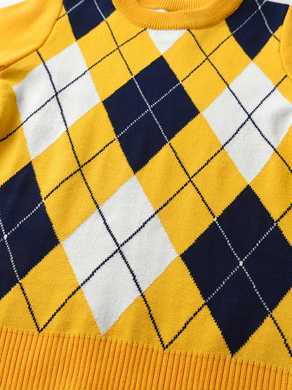 Boys Argyle Pattern Warm Knit Sweater - Round Neck, Long Sleeve - Hiccupzz