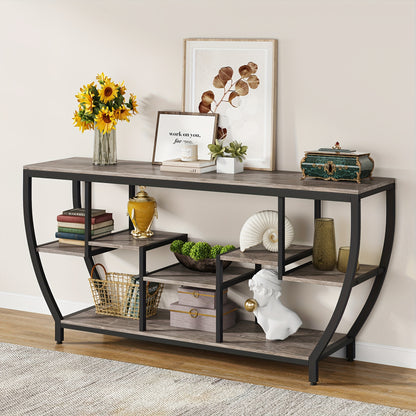 Little Tree Rustic 70.9 Inch Sofa Table with Shelves, Industrial Console Table with Storage, Entryway Table TV Stand