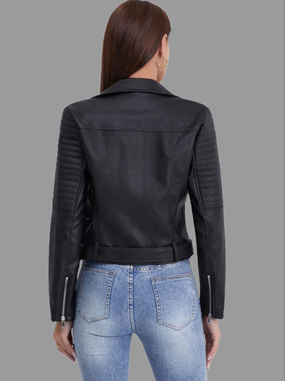 Women's Solid Biker Jacket - Long Sleeve Zipper Streetwear Outerwear - Hiccupzz