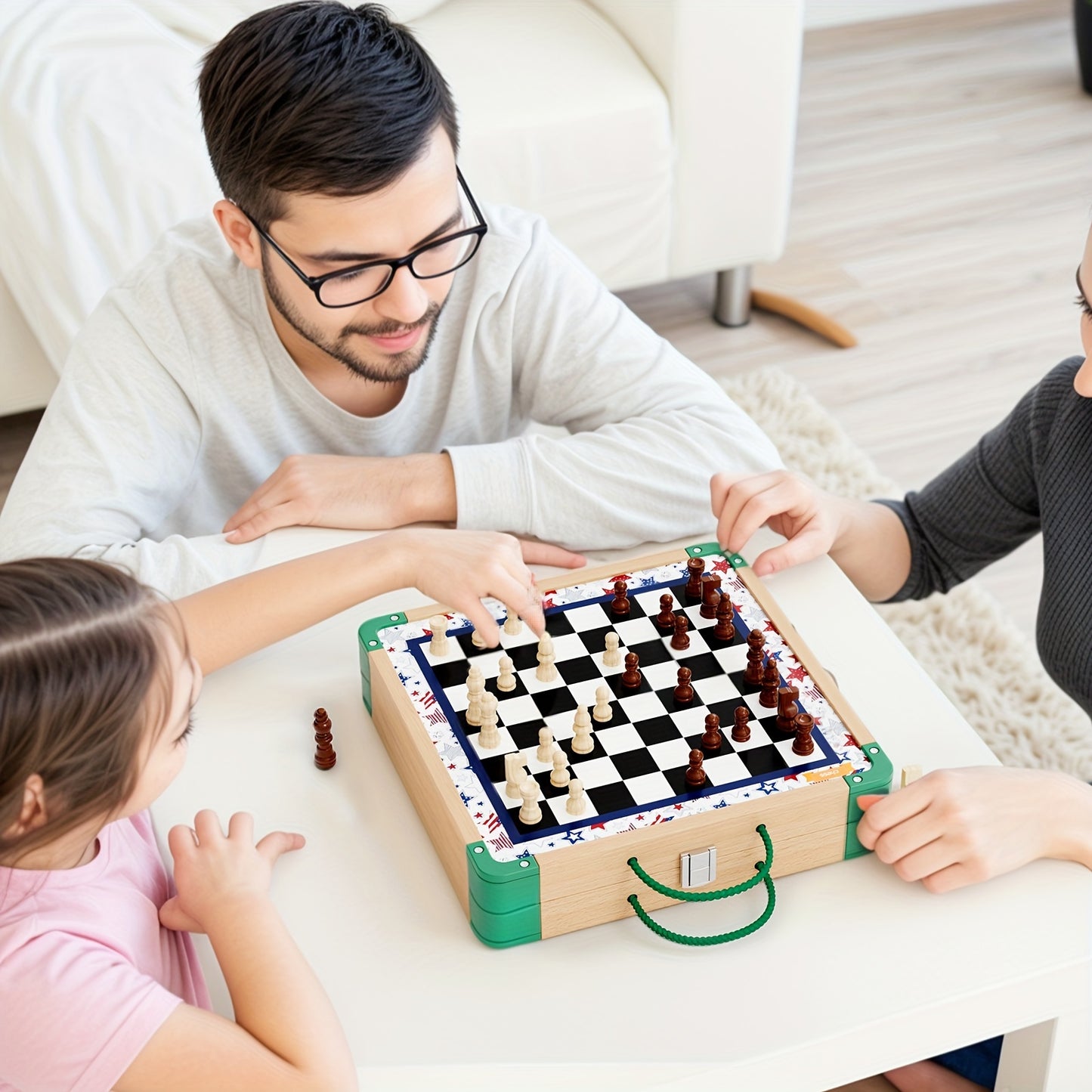 8-in-1 Wooden Board Game Set - Includes Chess, Sling Puck, and More