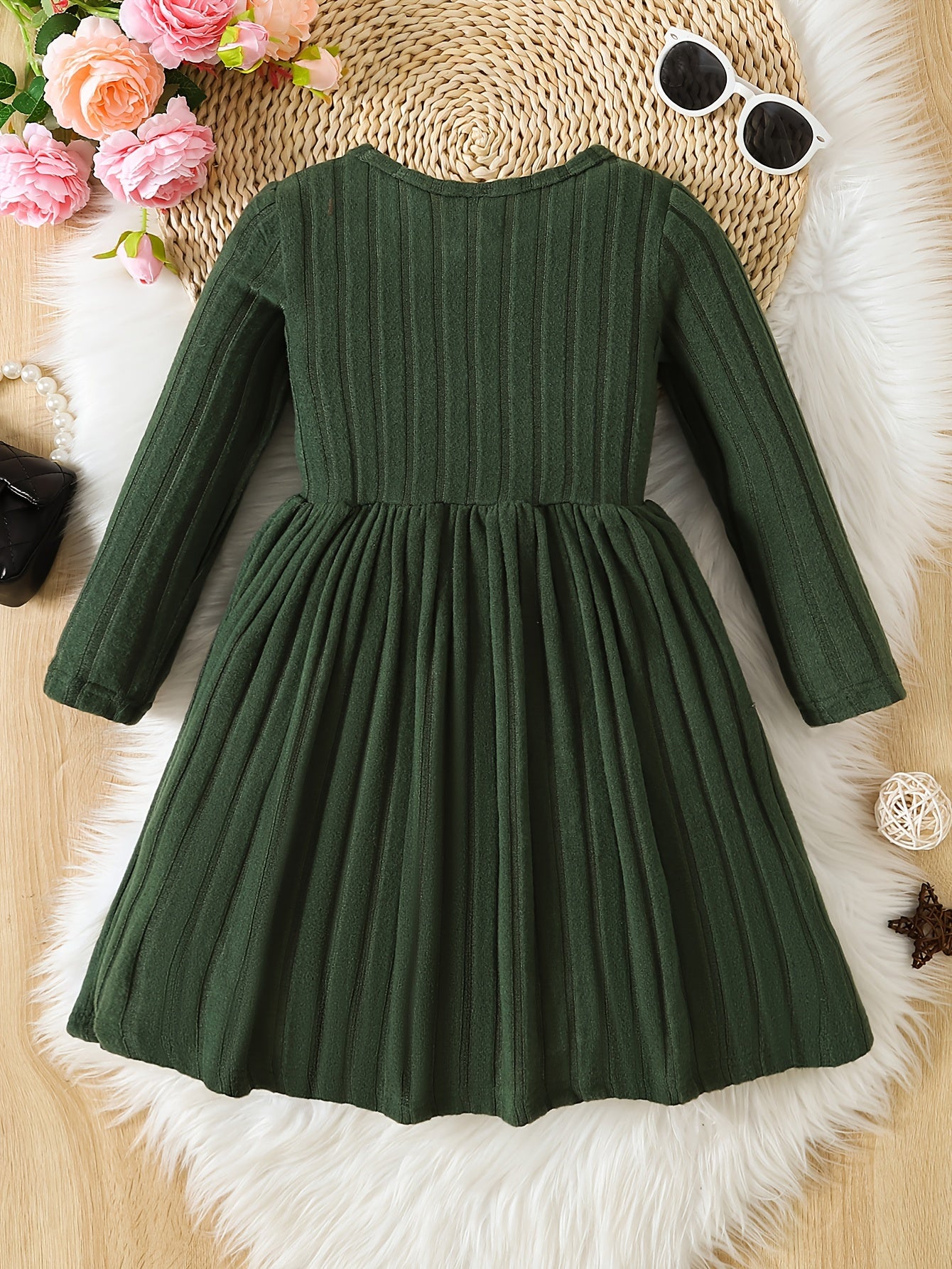 Girls Solid Color Dress, Simple Versatile, Round Neck, Long Sleeve