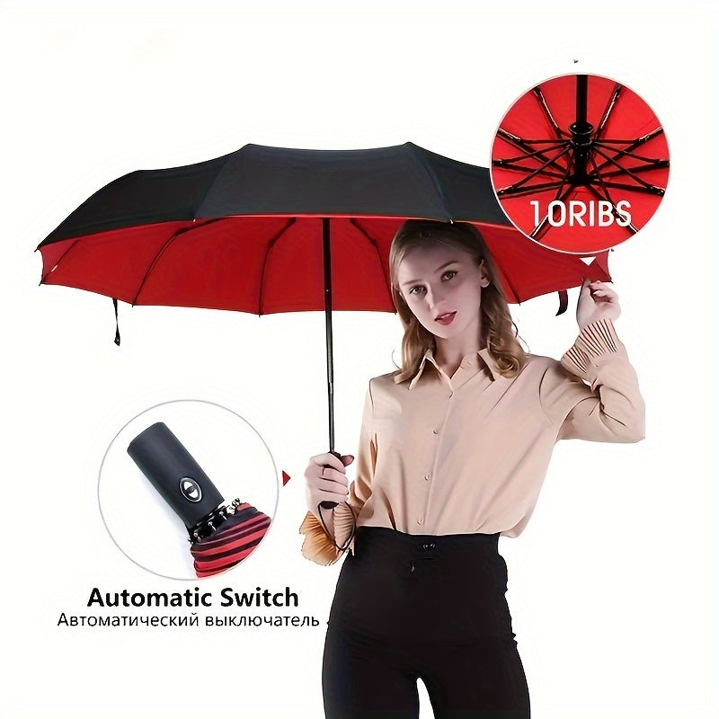 Three-Fold Automatic Folding Umbrella, Windproof, Reinforced Thickened Design