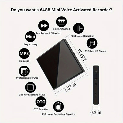 64GB Magnetic Voice Recorder with AI Noise Cancellation