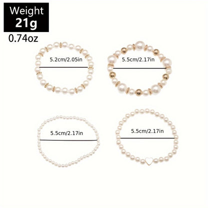 4-Piece Elegant Faux Pearl Beaded Bracelets – Women's Fashion Luxury Stackable Wristbands for Sophisticated Charm Jewelry - Hiccupzz