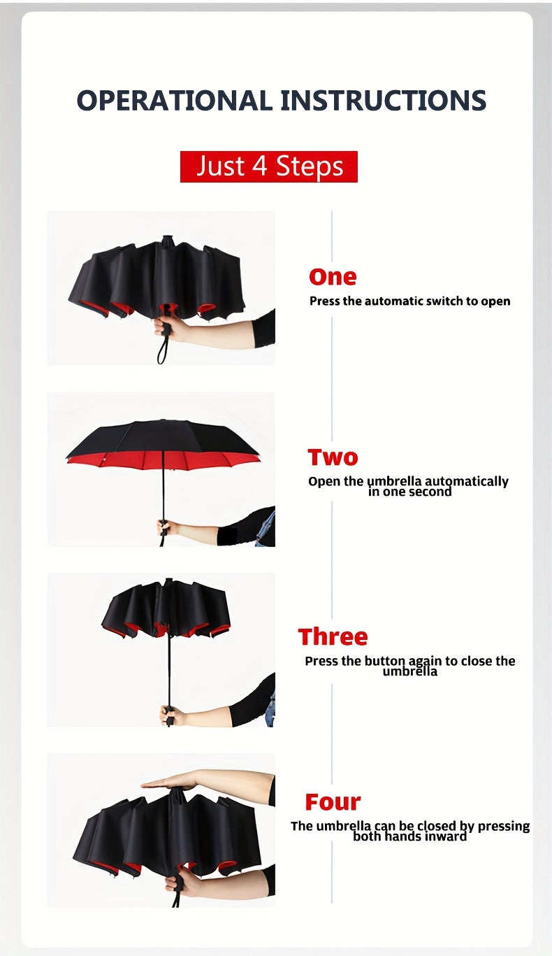 Three-Fold Automatic Folding Umbrella, Windproof, Reinforced Thickened Design