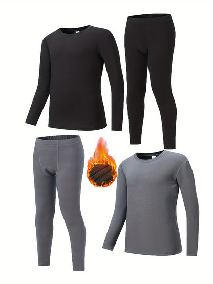 4 Pcs Youngsters' Thermal Underwear Set, Cozy Fleece Lining, Stretchy Knit Fabric - Hiccupzz