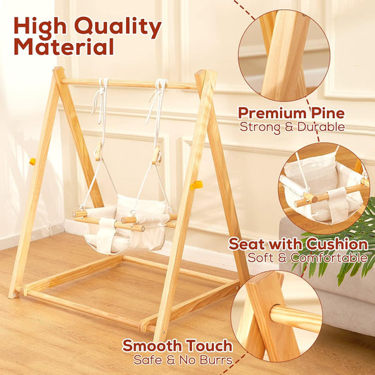 Foldable Wooden Baby & Toddler Swing Set - Indoor & Outdoor Backyard Fun