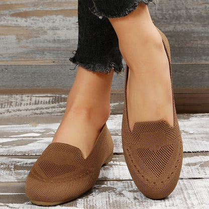 Women's Black Slip-On Flats - Breathable Knitted Round Toe Non-Slip Casual Lightweight Walking Shoes - Hiccupzz