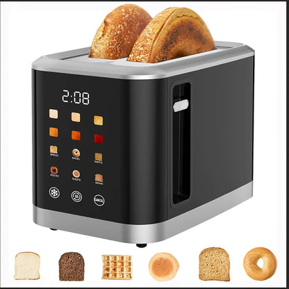 1 Pc Smart Digital Toaster - Touch Screen LCD Display, 6 Bread Types, 6 Shade Settings, 1.5" Wide Slots, Bagel/Defrost/Cancel Functions, 750-1000W, 2-Slice, US Plug, 110-130V