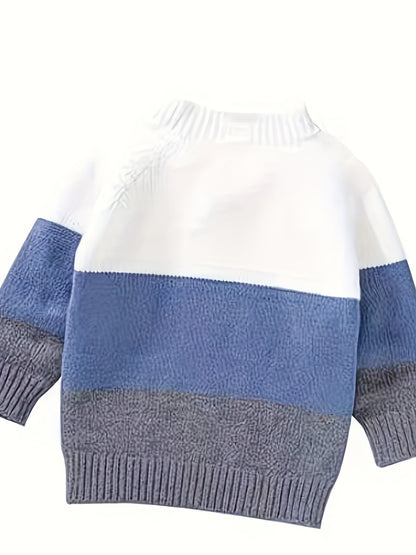 Boys Striped Knit Sweater, Mandarin Collar, Button Detail, Long Sleeve, Fall/Winter Wear - Hiccupzz
