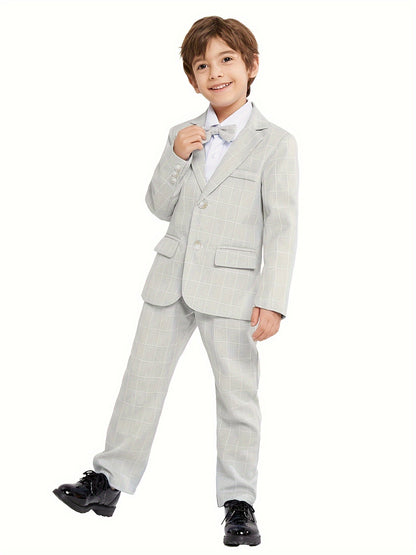 3-Pcs Boys Formal Plaid Gentleman Outfit Set, Long Sleeve Blazer, Bowtie, Pants - Hiccupzz
