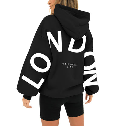 Printed Long Sleeve Loose Pockets Hooded Sweater - Hiccupzz