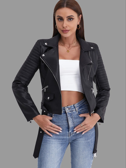 Women's Solid Biker Jacket - Long Sleeve Zipper Streetwear Outerwear - Hiccupzz