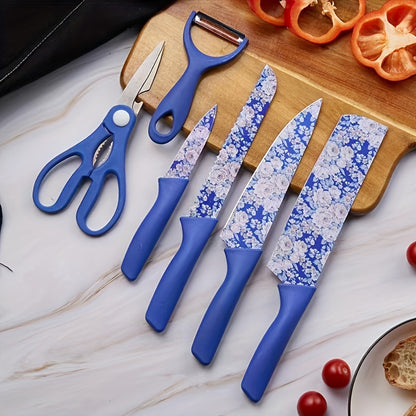 Jasmine Flower 6-Piece Kitchen Knife Set with Chef Knife, Meat Cleaver, Bread Knife, Scissors, Peeler - Hiccupzz